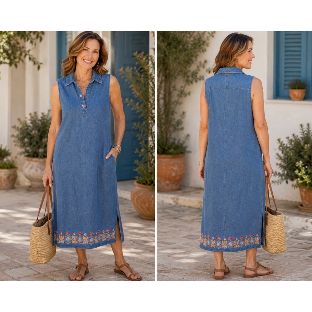 Embroidered Denim Maxi‎ Dress Modest Sleeveless Blue Cotton Boho L Cottagecore